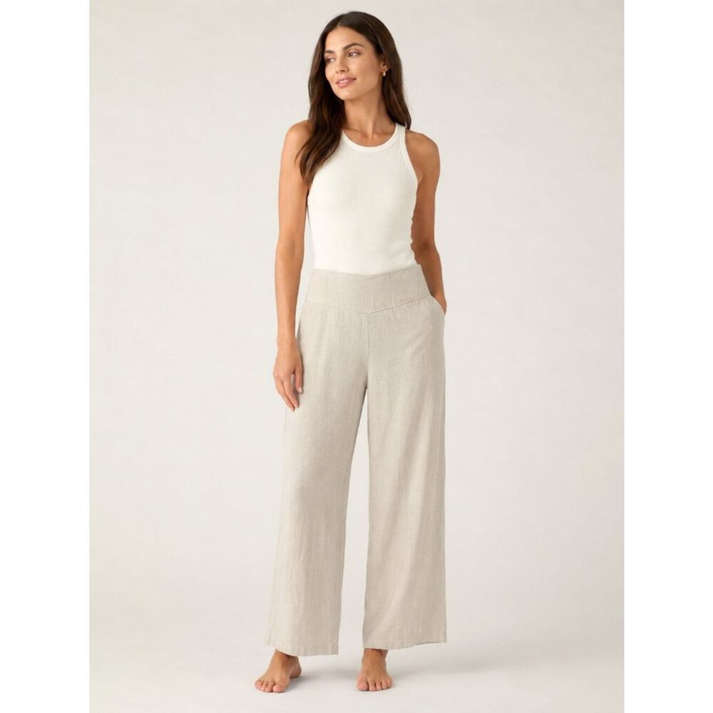 Kenar 100% Linen Wide Leg Pants Size 8 Natural Beige Pull On Coastal